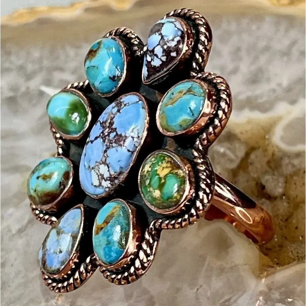 Golden Hills Mojave Sonoran Gold Turquoise Copper Cluster Statement Ring Adj Sz